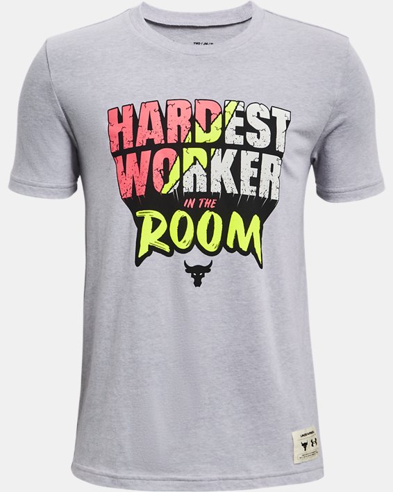 Boys' Project Rock Hardest Worker In The Room Short Sleeve, Gray, pdpMainDesktop image number 0